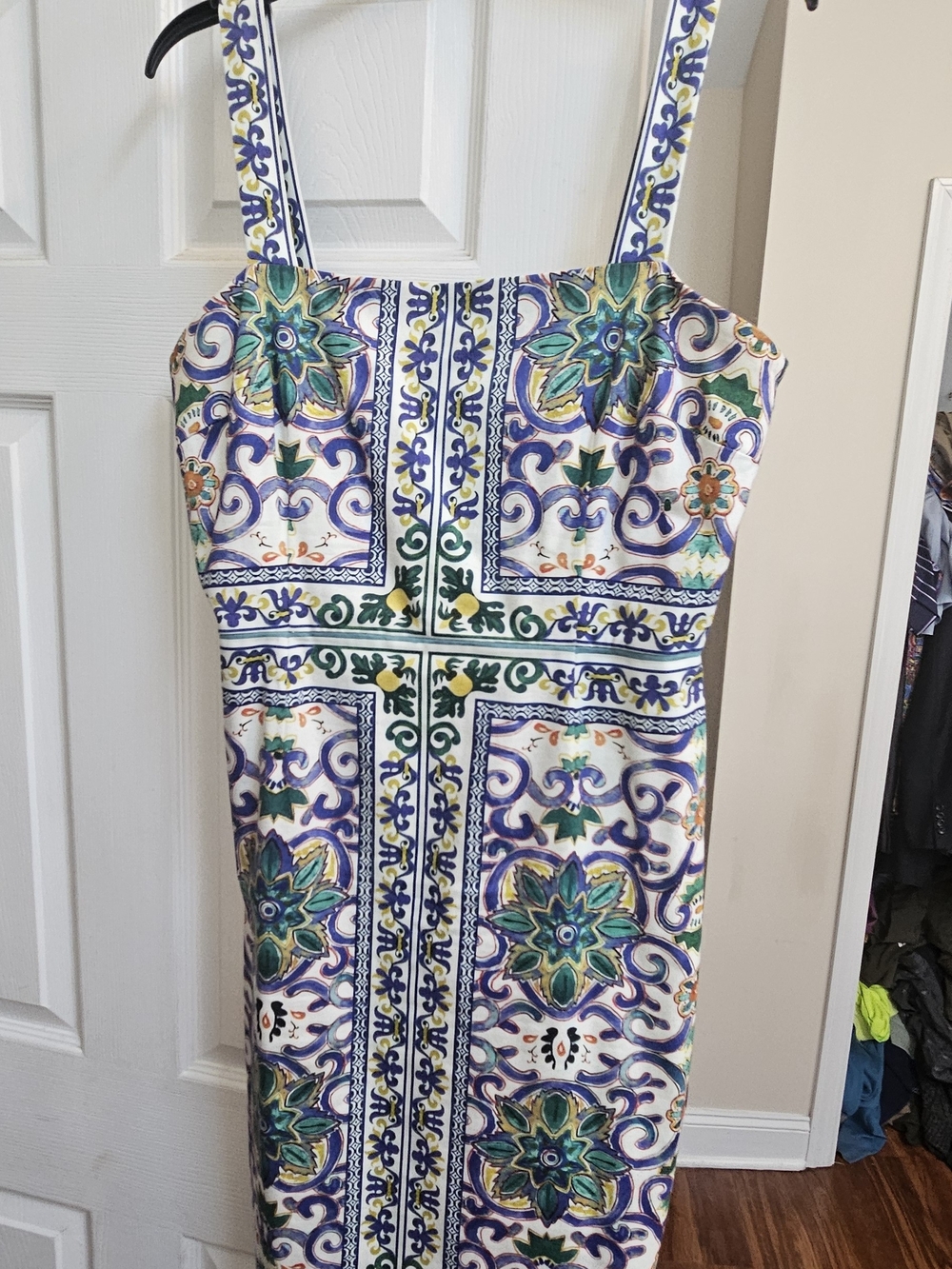 Mosaic Print White Sheath with Green & Blue Accents